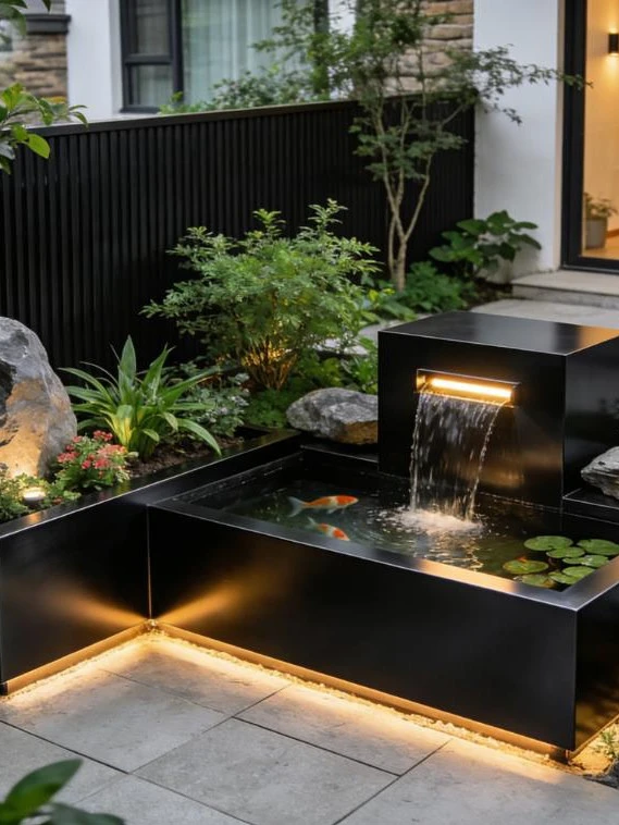 Zen Garden Water Feature Stainless Steel - Multi-Tier Outdoor Fountain with Pump & Light Feng Shui Fish Pool for Backyard Decor