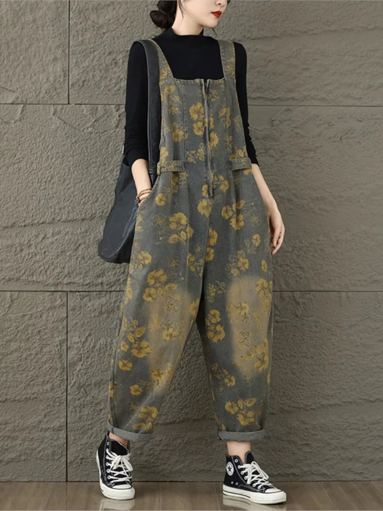 Oversized Jeans Flower Floral Print Autumn Overalls Pant Women Fashion Casual Loose Ladies Trousers Pleated Woman Overalls Pants