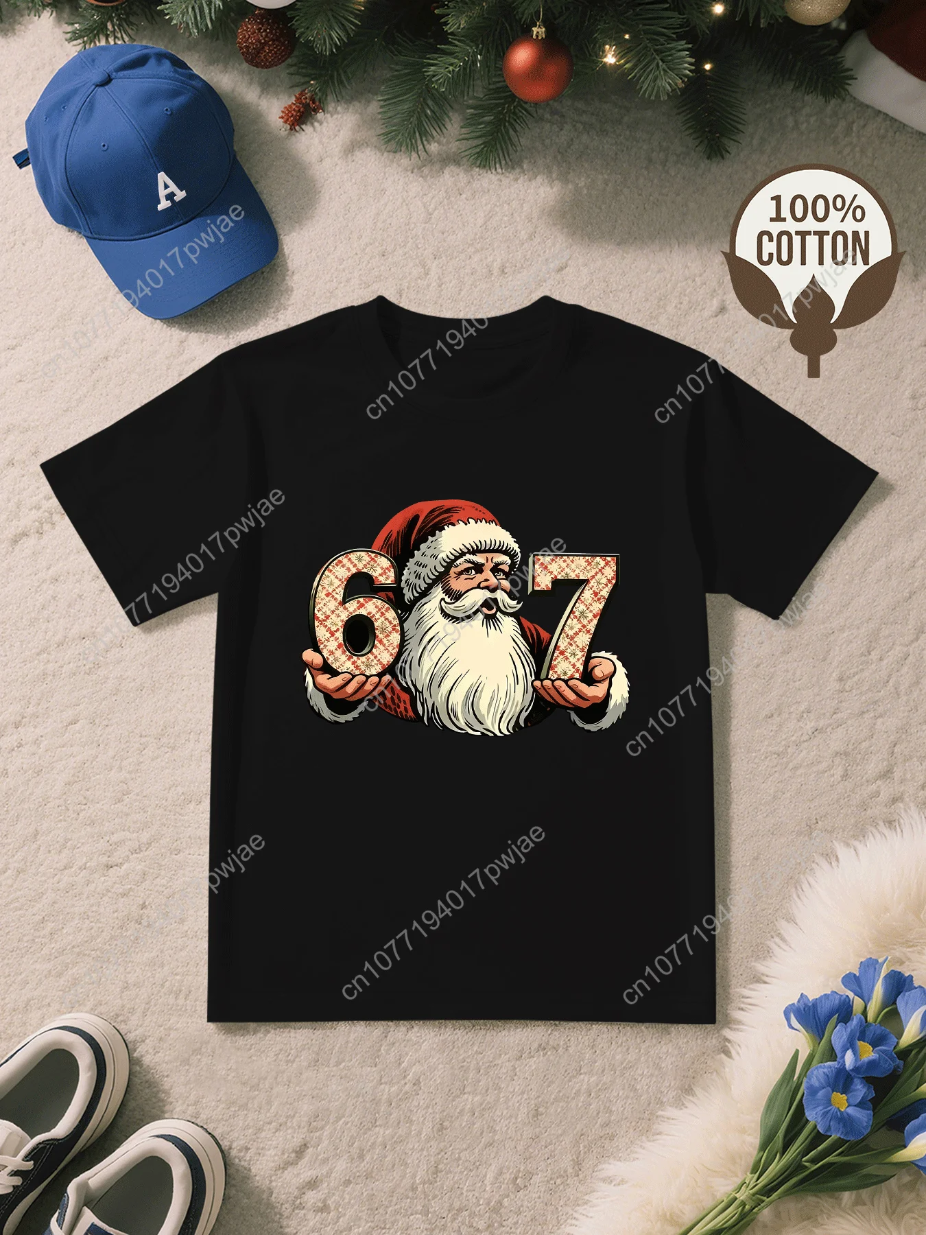 

Boys' Christmas Santa Claus Graphic T-Shirt - Red with 67 Number Santa Hat Design, Soft Breathable Fabric, Loose Fit Casual Su