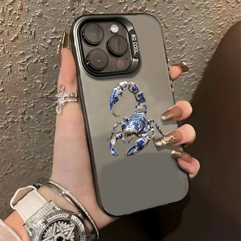 

Blue and white Scorpio porcelain phone case for iPhone 16 15 14 13 12 11 Pro/ Max/Plus shock-proof rear cover anti-fingerprint