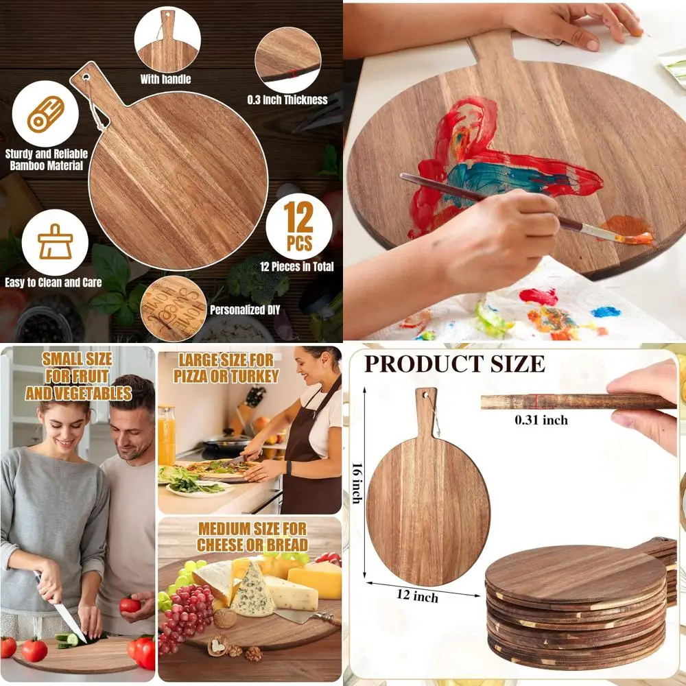 

12 Acacia Wood Pizza Peel with Handle for Serving, Charcuterie, and DIY Gifts
