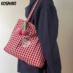 Wszystkie dopasowane kobiety Kawaii Preppy torby na ramię Tote słodkie serce w kratę japońskie torebki modne modny Top-rama do torebki o dużej pojemności