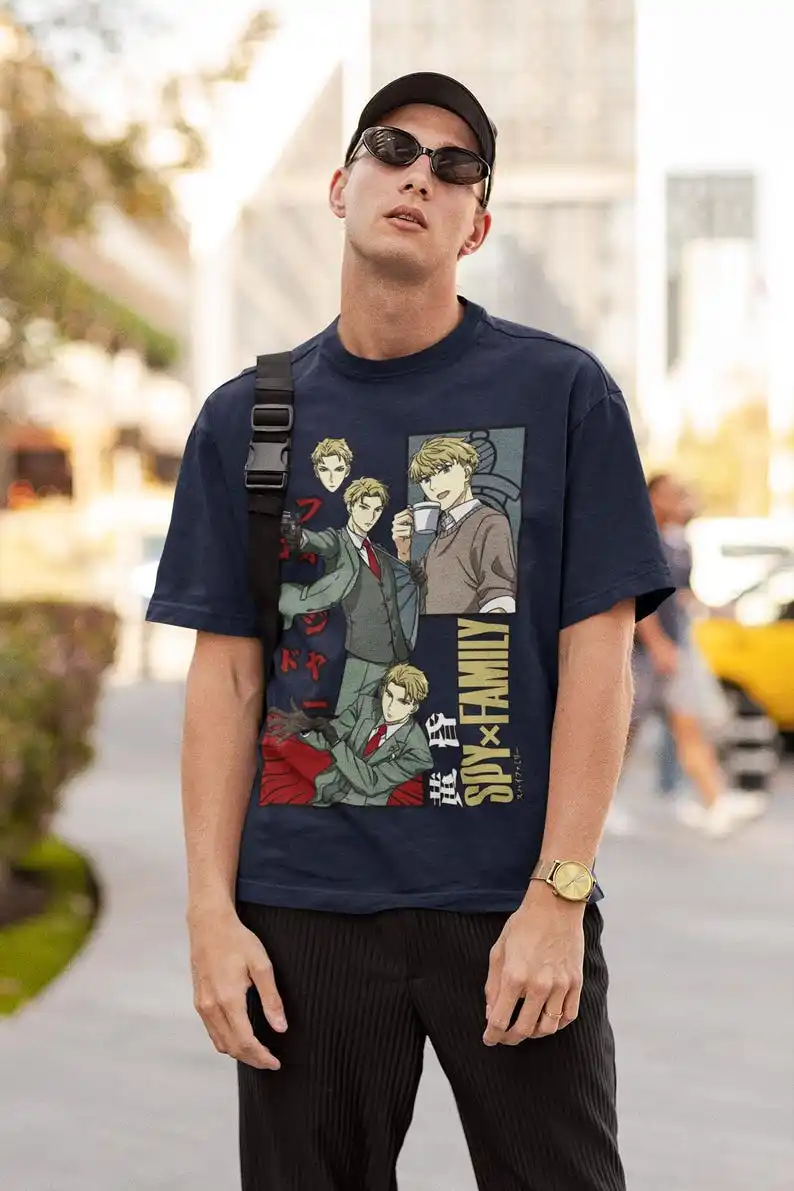 Classic Anime Family Unisex T-shirt - Japanese Manga Inspired, Retro Espionage Aesthetic, Otaku Apparel, Elegant Spy Design, Vin