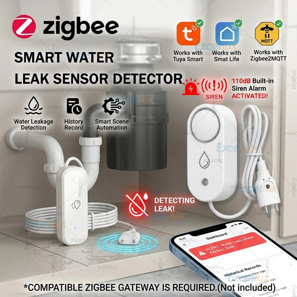 Smart Water Leak Sensor For Tuya ZigBee 3.0 Flood Leakage Sensor 110dB Sound Alarm Remote Monitor Kitchen Bathroom Supports Z2M