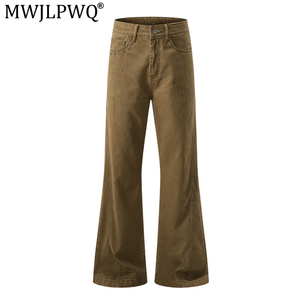 MWJLPWQ Men's Bell-Bottom Pants Vibe High Street Fashion Metallic Star Decorations Unique Paint-Splatter Niched Trousers 20764