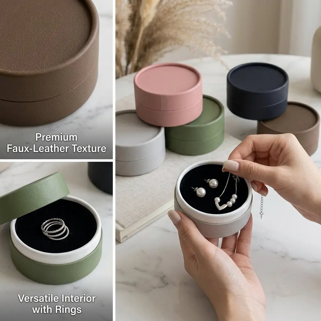 Portable Round Jewelry Case Small Leather Travel Ring Earring Necklace Storage Box Compact Velvet Organizer Container