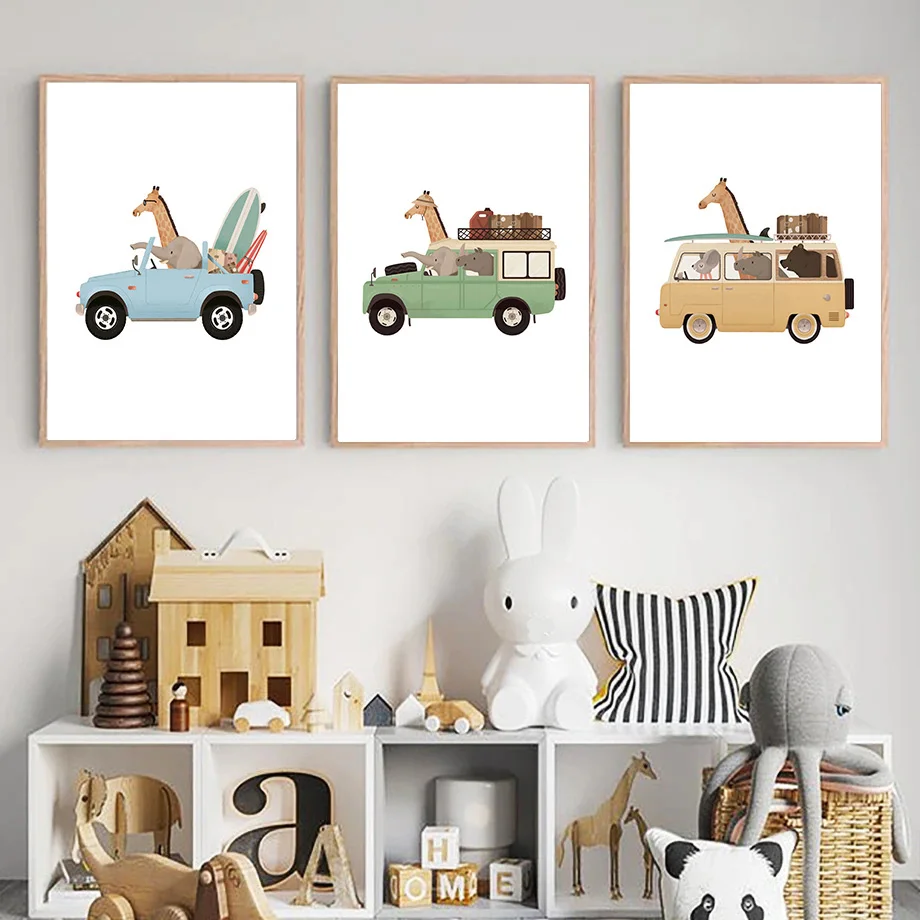 Funny Cartoon Animal Car Bus Art Nursery Wall Poster Print Giraffe Elephant Children Kid Room Canvas Painting Home Decor Picture image 2