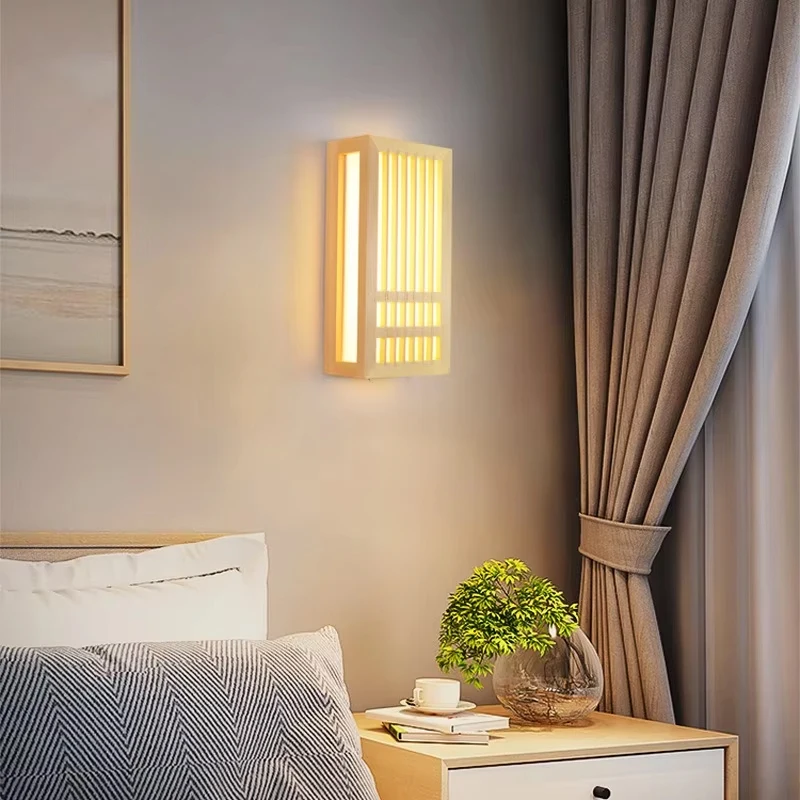 Wood Acrylic Rectangular Wall Light LED Wall Lamps Warm Lights Pine Grid Design Living Room Bedroom Bedside Home Decor Lighting