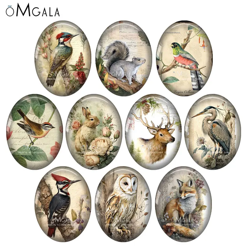 レトロ鳥ウサギキツネ動物アート絵画 13 × 18 ミリメートル/18 × 25 ミリメートル/30 × 40 ミリメートルオーバル写真ガラスカボションデモフラットバック作成所見