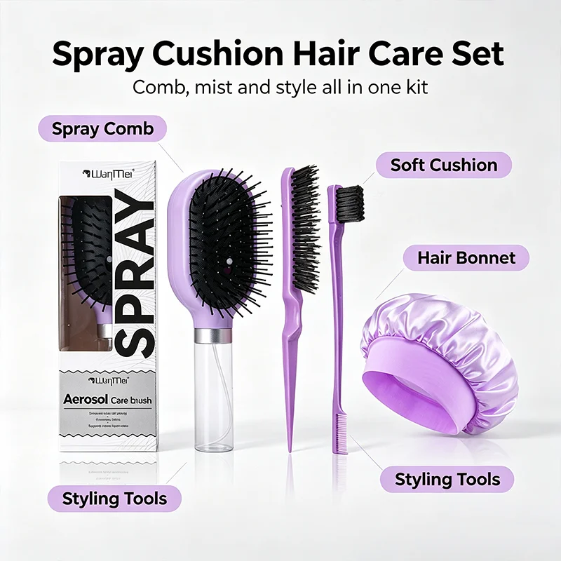 WANMEI Spray Air Cushion Hair Brush Set Detangling Massage Comb Satin Bonnet Anti-Frizz Styling Tools for Curly Dry Damaged Hair