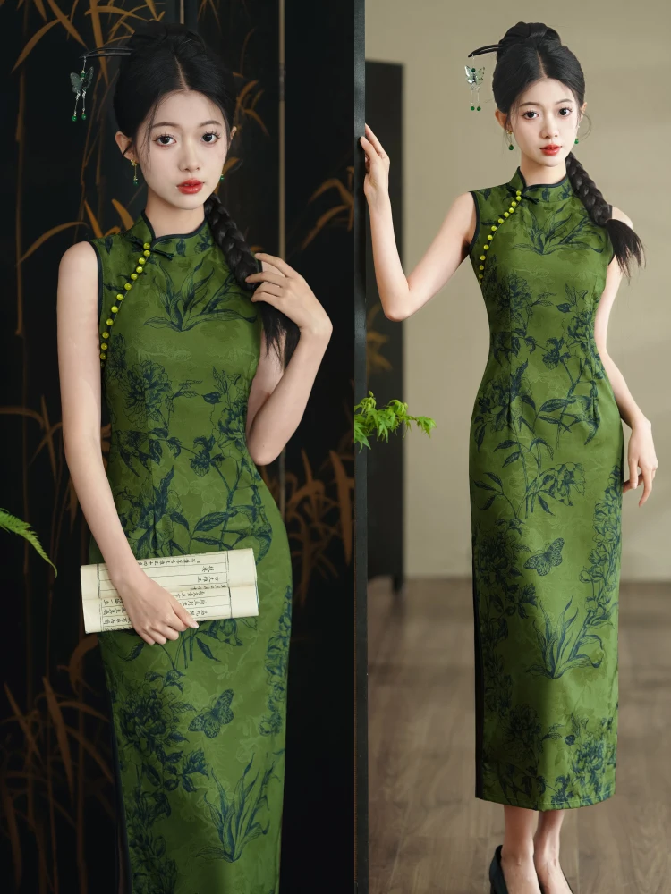 

Новое китайское платье-ципао для девочек, повседневное, комфортное, длинное, с косым воротником, винтажное, летнее, 2024