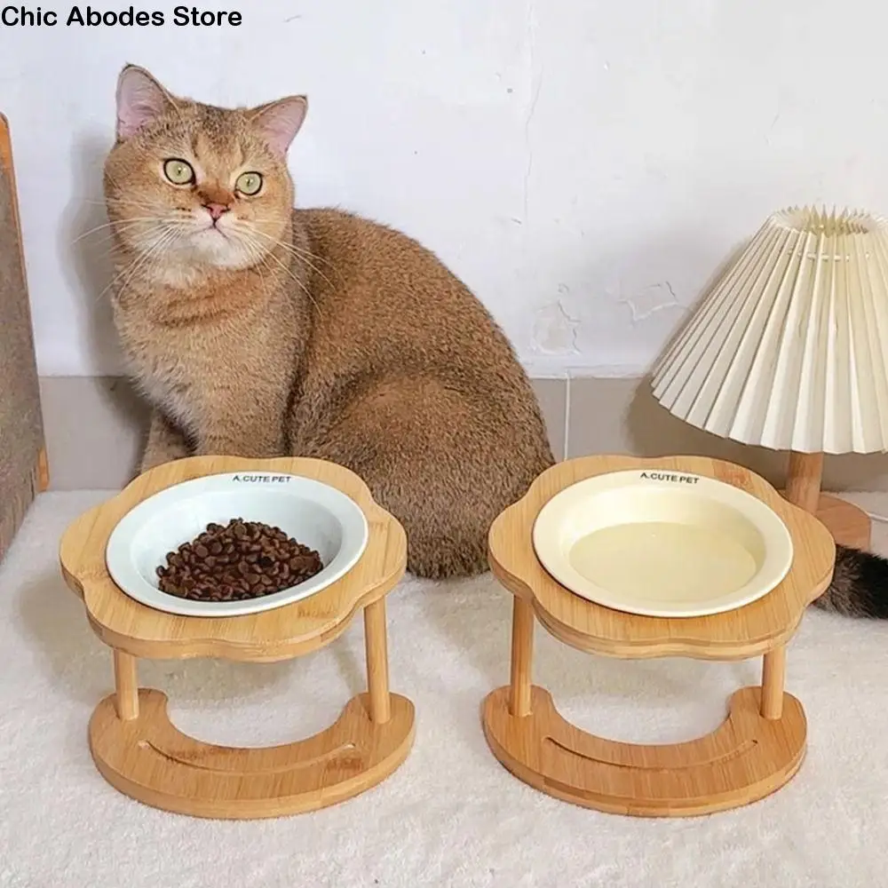 

Food Dispenser Ceramic Cat Bowl Cute Wooden Dog Food Feeding Basin Large Capacity Creative Pet Drinking Feeder Neck Protection