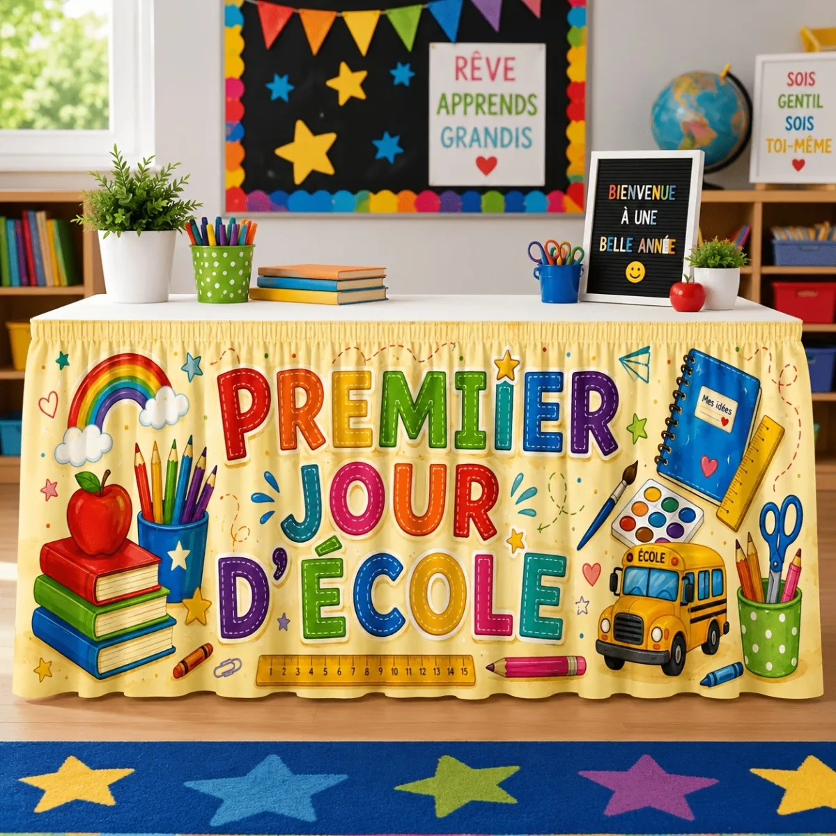 Colorful Campus Theme Tablecloth - Includes books, pencils, rainbow bus and art supplies - Suitable for classroom partiesxzj