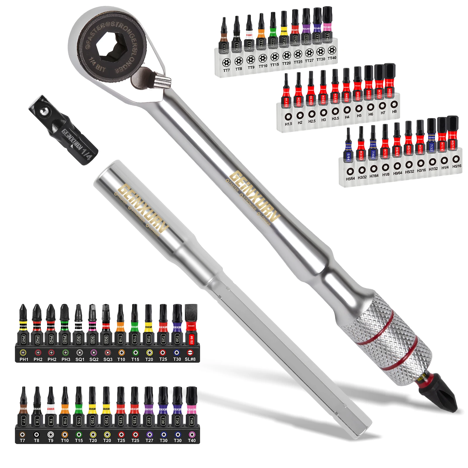 Geinxurn Mini Ratchet Wrench Set, Different Types Bit Holder and 1/4' Adapter, S2 Steel Magnetic Screwdriver Bit in Coded Base