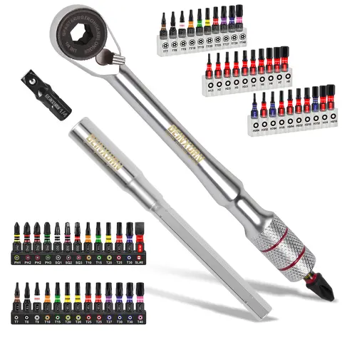 Geinxurn Mini Ratchet Wrench Set, different types Bit Holder and 1/4" Adapter, S2 Steel Magnetic Screwdriver Bit in Coded Base
