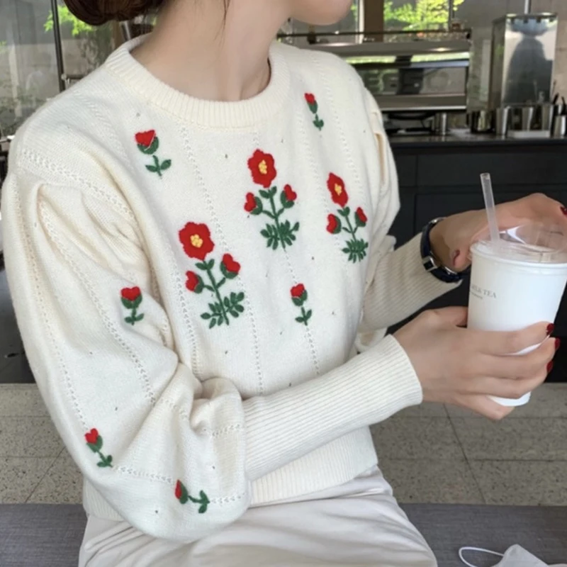 Vintage O Neck Embroidered Flowers Sweet Pullover Sweaters Simple Puff Sleeve Loose Casual Knit Tops Korean Style Sueter Mujer