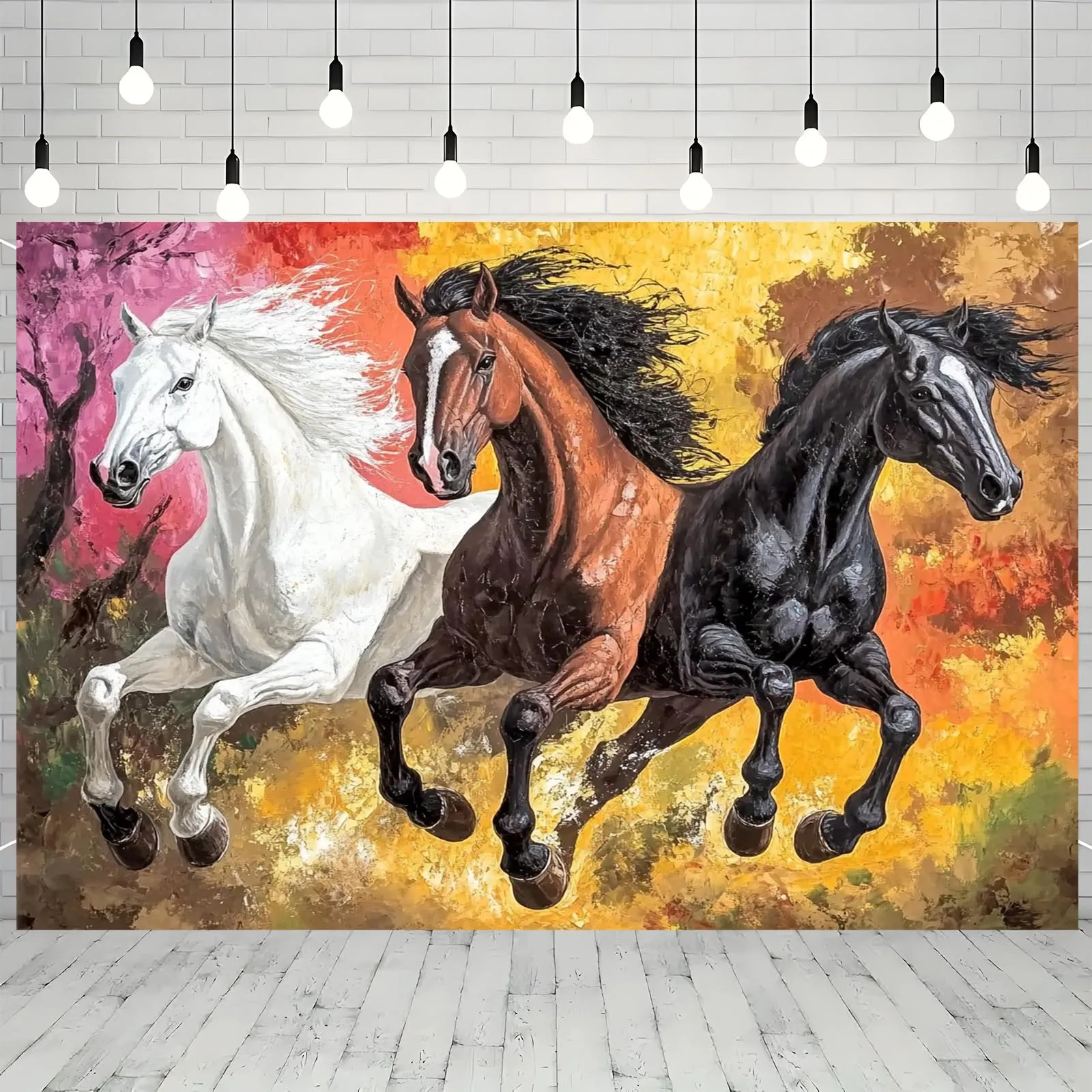 Majestic Horse Tapestry Wall Decoration Design with Autumn Foliage Background, Polyester Material, Perfect for Photo Booths