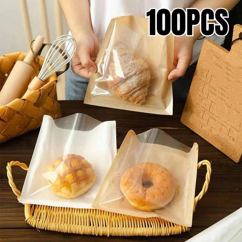 Bolsa de embalaje de alimentos con ventana transparente, bolsa de papel Kraft resistente al calor y al aceite, adecuada para pan tostado, 100 Uds.