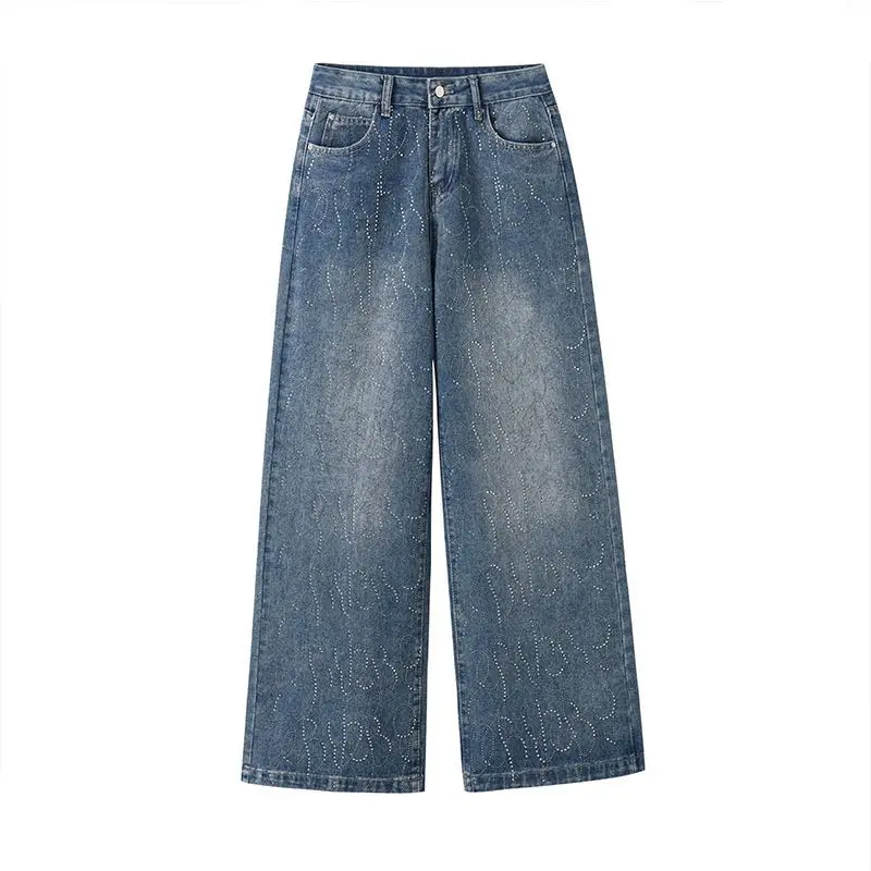 Hot Stamping Rhinestone Jeans Woman Shiny Rivet New Slimming Detailing Straight-leg Pants Fashion Korean Streetwear Y2k Goth