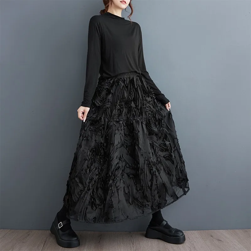 

French style three-dimensional pattern mesh large swing half skirt, high waist slimming Korean version A-line skirt