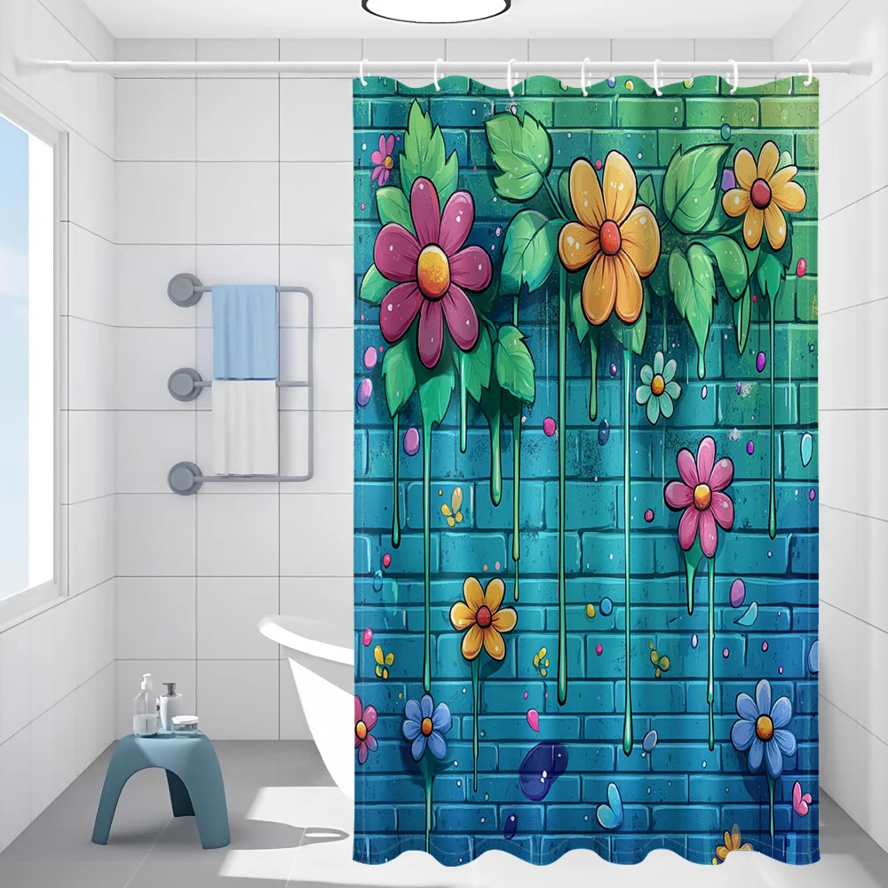 Colorful Flower Brick Wall Shower Curtain, 3D Graffiti Art Print Waterproof Bathroom Decor, Retro Home Bath Screen