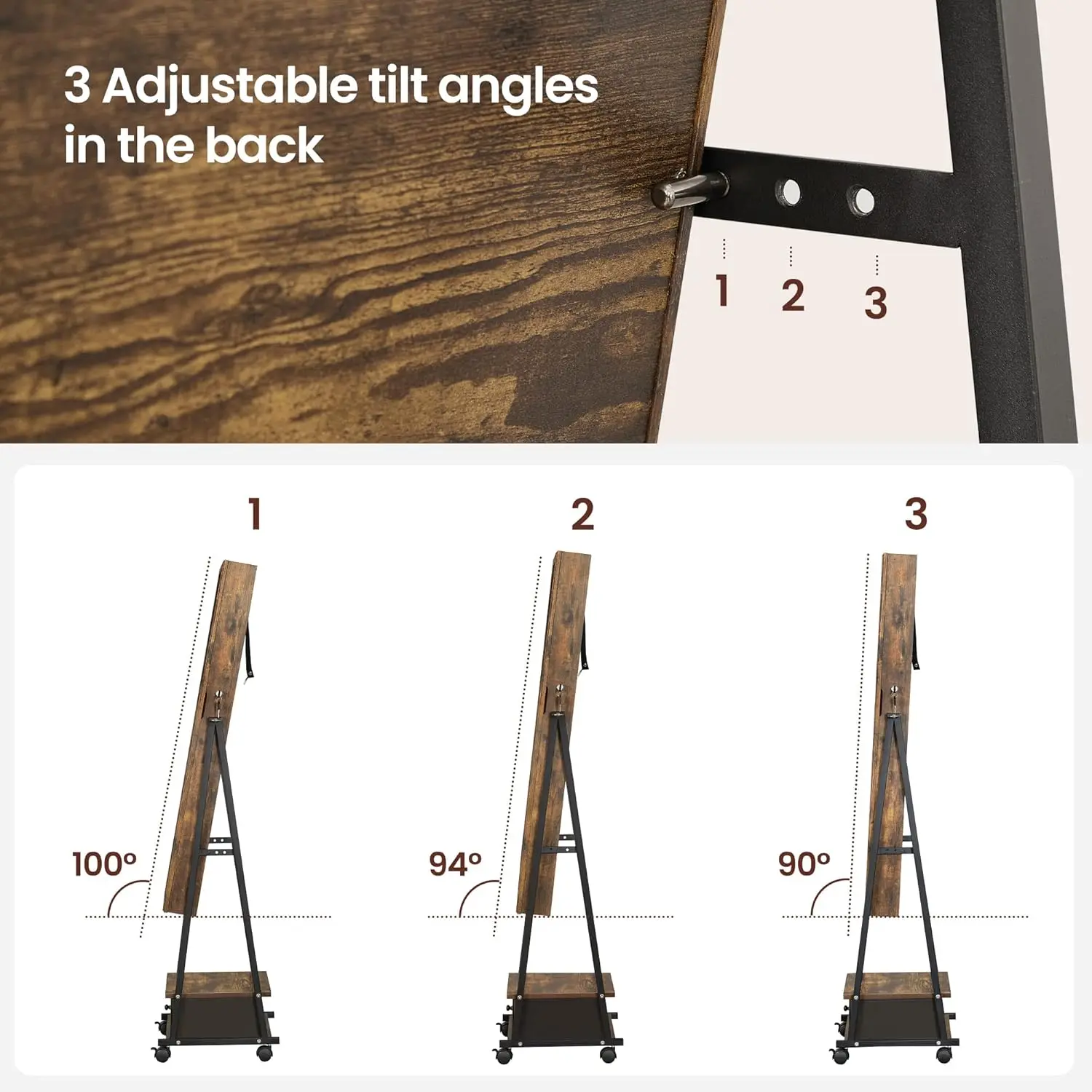 Jewelry Cabinet Floor Standing, Lockable Jewelry Organizer with High Full-Length Mirror, Bottom Drawer, Shelf, Wheels, Jewelry ,