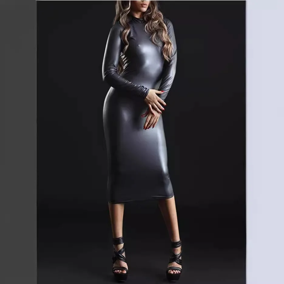 Long Sleeve Faux Leather Stretch Dress Women Mid Neck Vintage PU Bodycon Dress Back Hem Split Slim Clubwear Party Costume Custom