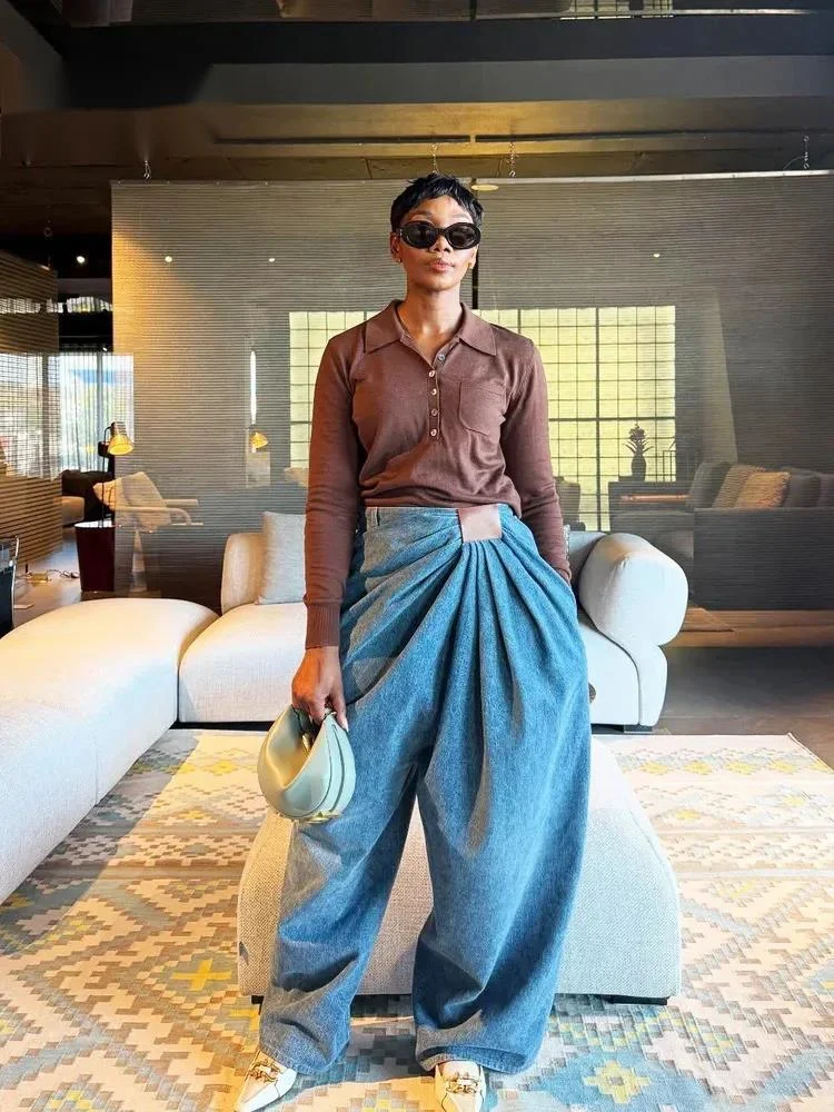 European And American Style Asymmetrical PU Waist Hanging Wide Leg Jeans For Women 2026 Spring E2M2