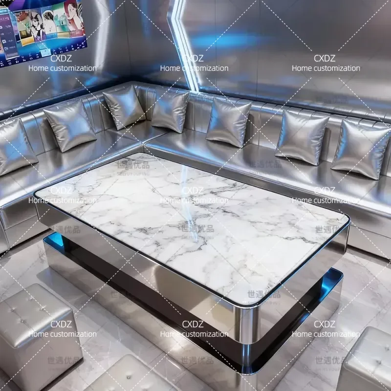 Modern Stainless Steel Coffee Table with Rock Slab Top Rectangular Center Table for Living Room Home Furniture