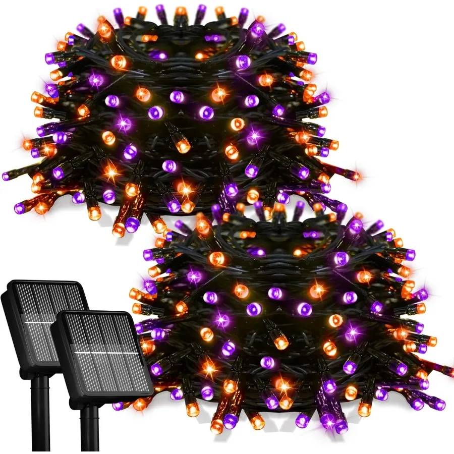 2 Pack Solar Halloween Lights 78FT 200LED Orange Purple Outdoor Decoration with 8 Lighting Modes Waterproof Design for Garden P