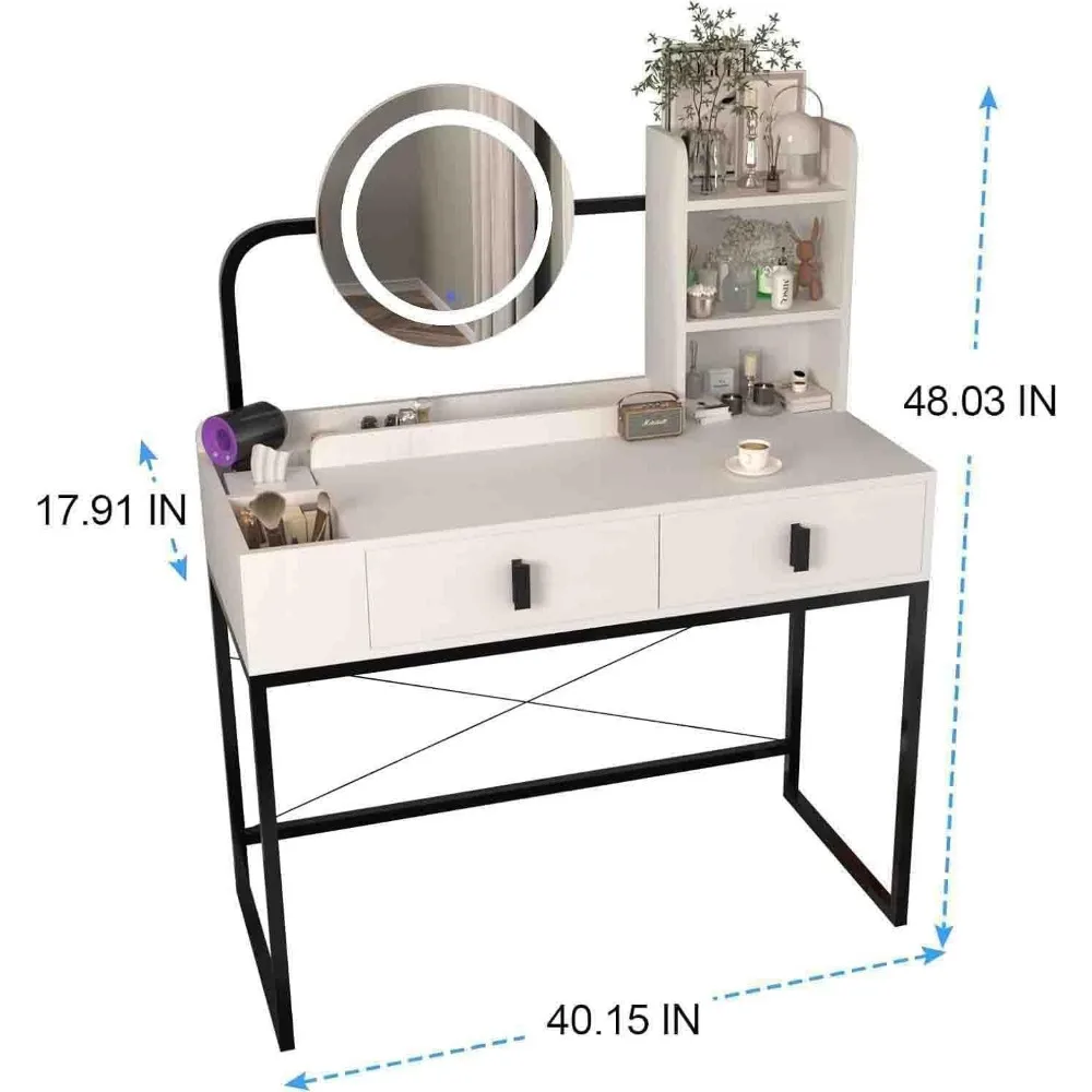 Makeup Table with Mirror and Light Strip, Ample Storage Space, 3 Lighting Modes, 40.15 Inches, Cute Dressing Table for Bedroom