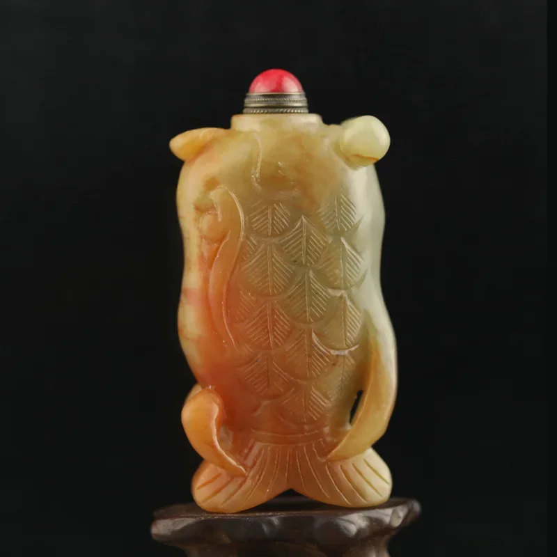 

Old China Natural hetian Jade Hand Carved statue dragon fish snuff bottle g