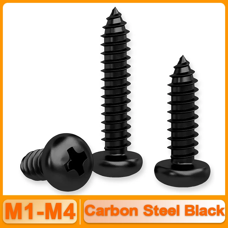 Black Mini Micro Cross Phillips Round Pan Head Glasses Screws Self Tapping Wood Screw M1 M1.2 M1.4 M1.7 M2 M2.3 M2.6 M3 M3.5 M4