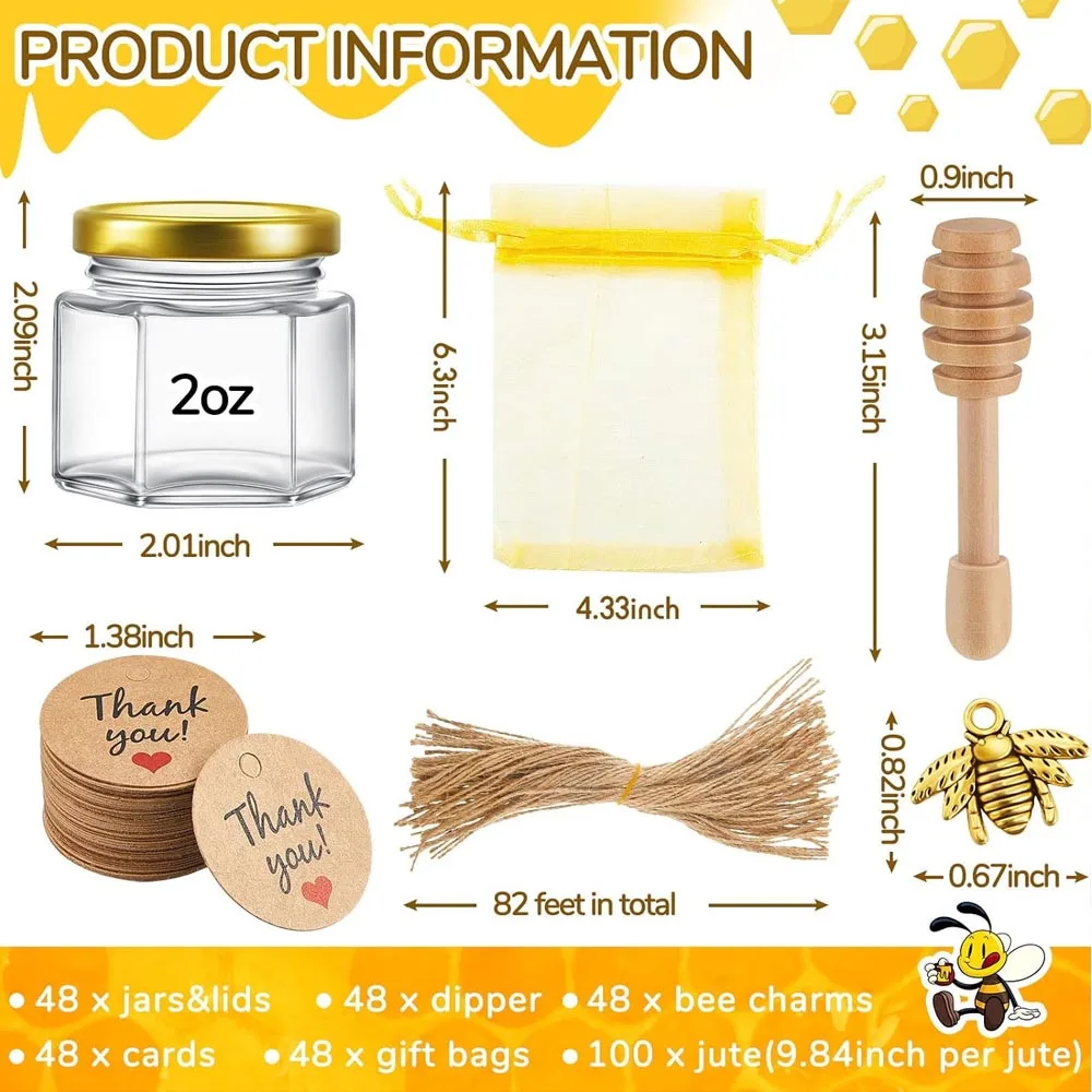 Mini Honey Jars With Honey Dipper, Gold Lid, Bee Pendants, Gift Bags and Jutes - Perfect For Baby Shower Favors & Wedding Favor