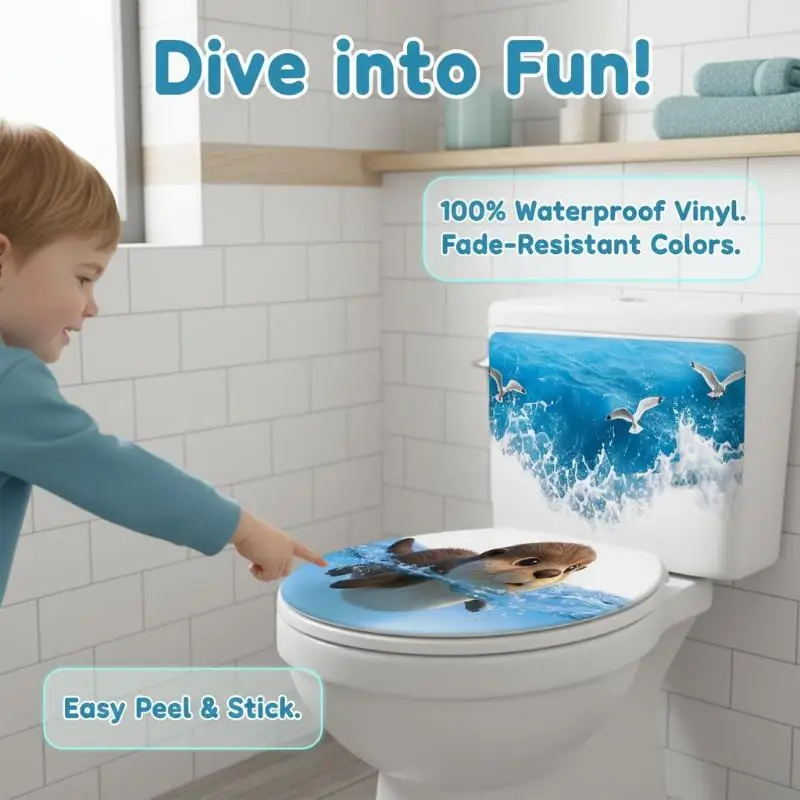 Cute Cartoon Penguin Toilet Stickers Waterproof Ocean Wave Easy to Remove Toilet Seat Decals for Home Bathroom Decor