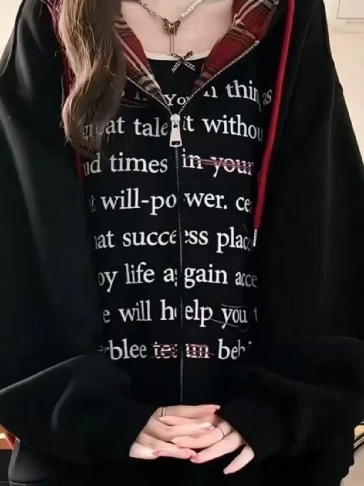 เสื้อฮู้ดดี้คาร์ดิแกนผู้หญิง ดีไซน์ลายสก็อตแบบเรโทร ตัดต่อผ้าสไตล์เกาหลี ทรงหลวม แขนยาว ผ้าโพลีเอสเตอร์ ปิดด้วยซิป