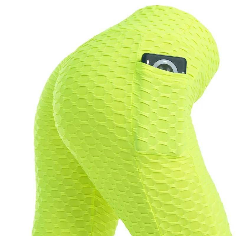 Legginsy damskie z wysokim stanem, modelujące biodra, elastyczne, wyszczuplające, z kieszeniami, typu bubble pants, do ćwiczeń na siłowni, biegania, jazdy na rowerze i fitnessu.