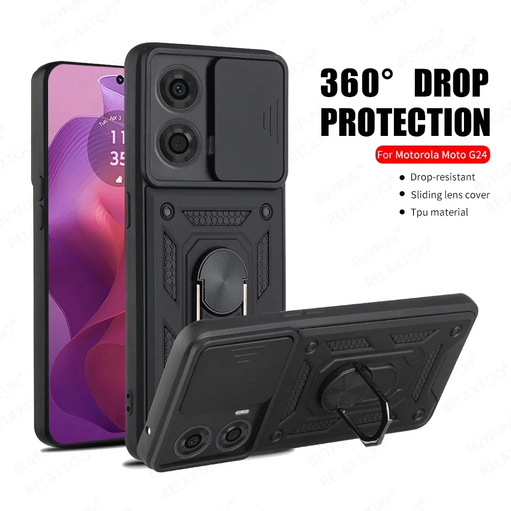 

car magnetic holder ring shockproof armor cover For Motorola Moto G24 G 24 24G MotoG24 4G 6.56'' push pull lens protection case