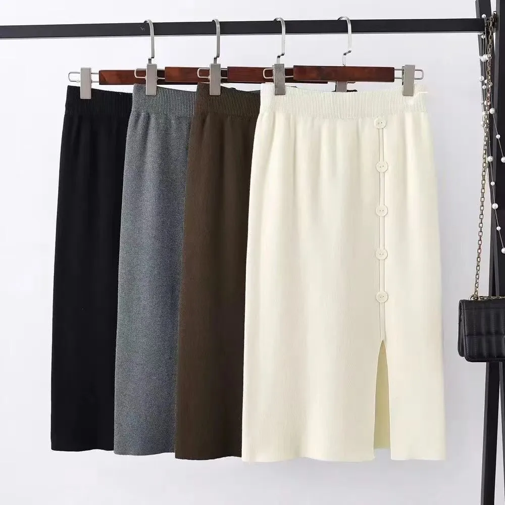 Jupe mi-longue en tricot fendu pour femmes, demi-corps, automne et hiver, jupe trapèze taille haute
