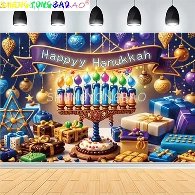 Judaism Happy Hanukkah Background Jewish Jesus Candlestick Party Candles Kwanzaa Bread Decor Photography Backdrop IS-04