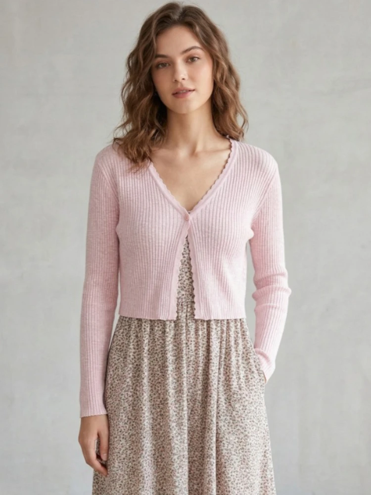

Women Cardigans Long Sleeve Knitted Outerwear Solid Thin Spring Short Sweaters V-neck Knitwears Korean Fashion Cardigans 2026