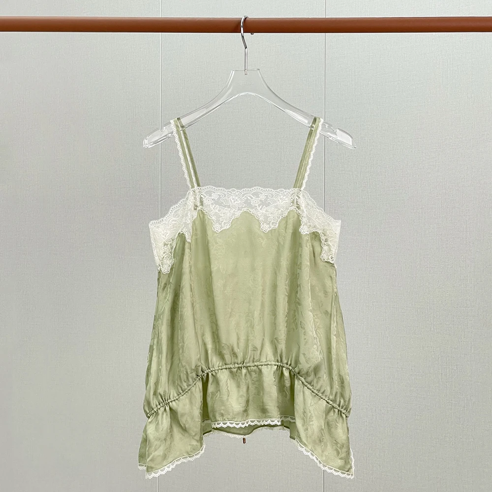 Women Satin Lace Trim Cami Top Spaghetti Strap Square Neck Drawstring Hem Ruffle Hem Vintage Elegant Camisole Tank Blouse