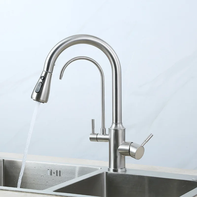 Blackend Spring Kitchen Faucet Pull out Side Sprayer Dual Spout Single Handle Mixer Tap Sink Faucet 360 Rotation Kitchen Faucets