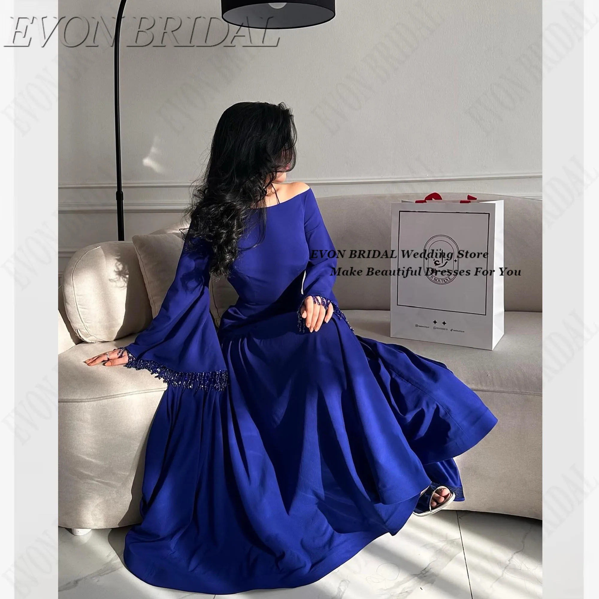 

Wedding Ceremony Dresses Royal Blue Evening Dresses Scoop Collar Flare Sleeve Formal Occasion Gown Customized Long Beading Tasse