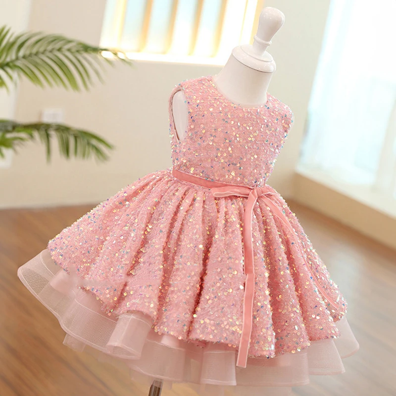 Flower Girl Elegant Gala Pink Dresses for Weddings Prom Pageant Fluffy Short Evening Gown Children Eid Luxury Sequin Party Dress