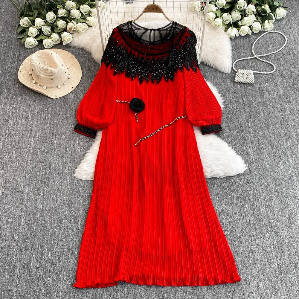 French Retro Rhine Stone Lace Up Lantern Long Sleeve O Neck Dress Chic Fashion Ceremonial A-line Women Dress