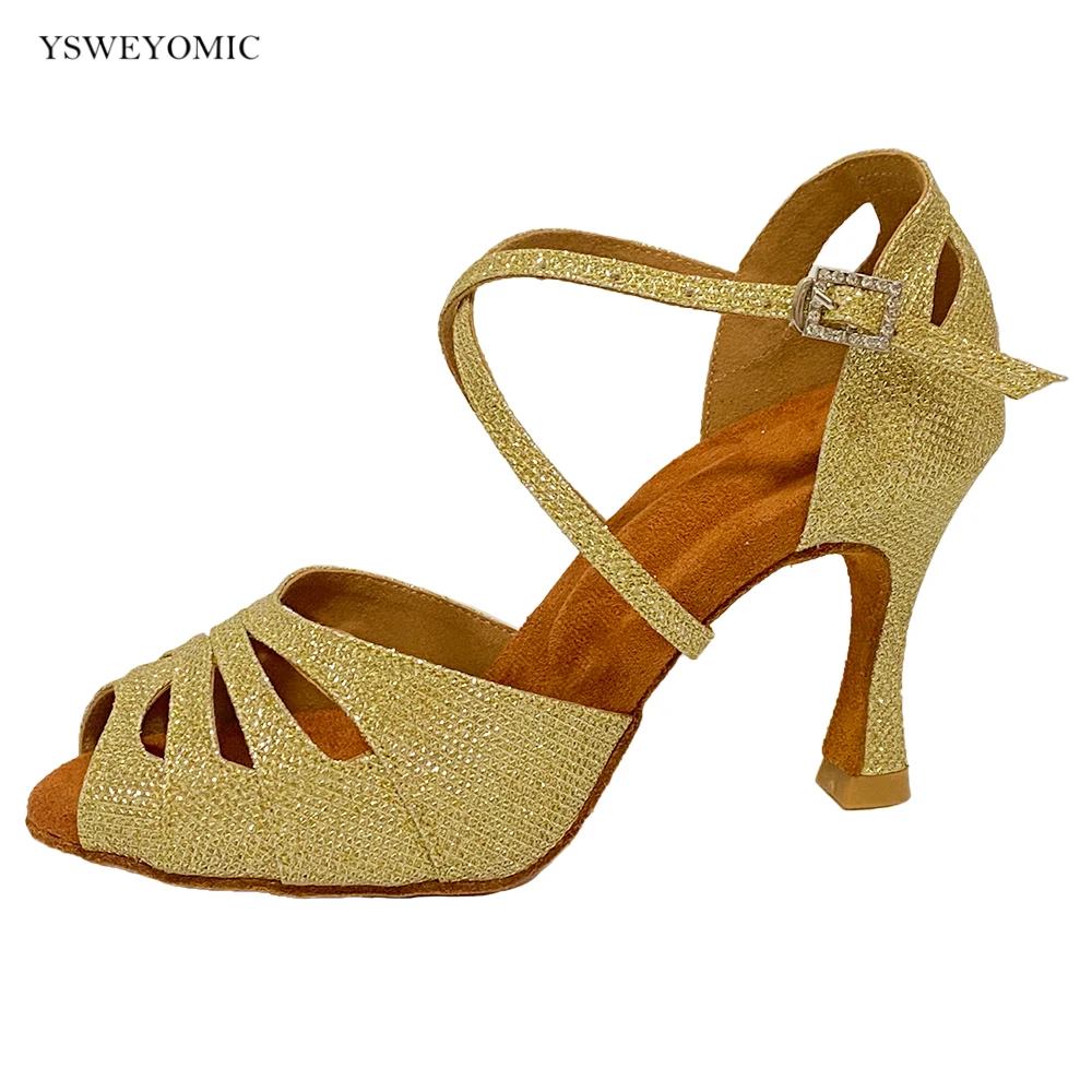 YSWEYOMICE Dance Shoes Gold Glitter Soft Insole Suede Leather cuban Heel 4inch 3.5inch Different Heels Customized Latin Shoes