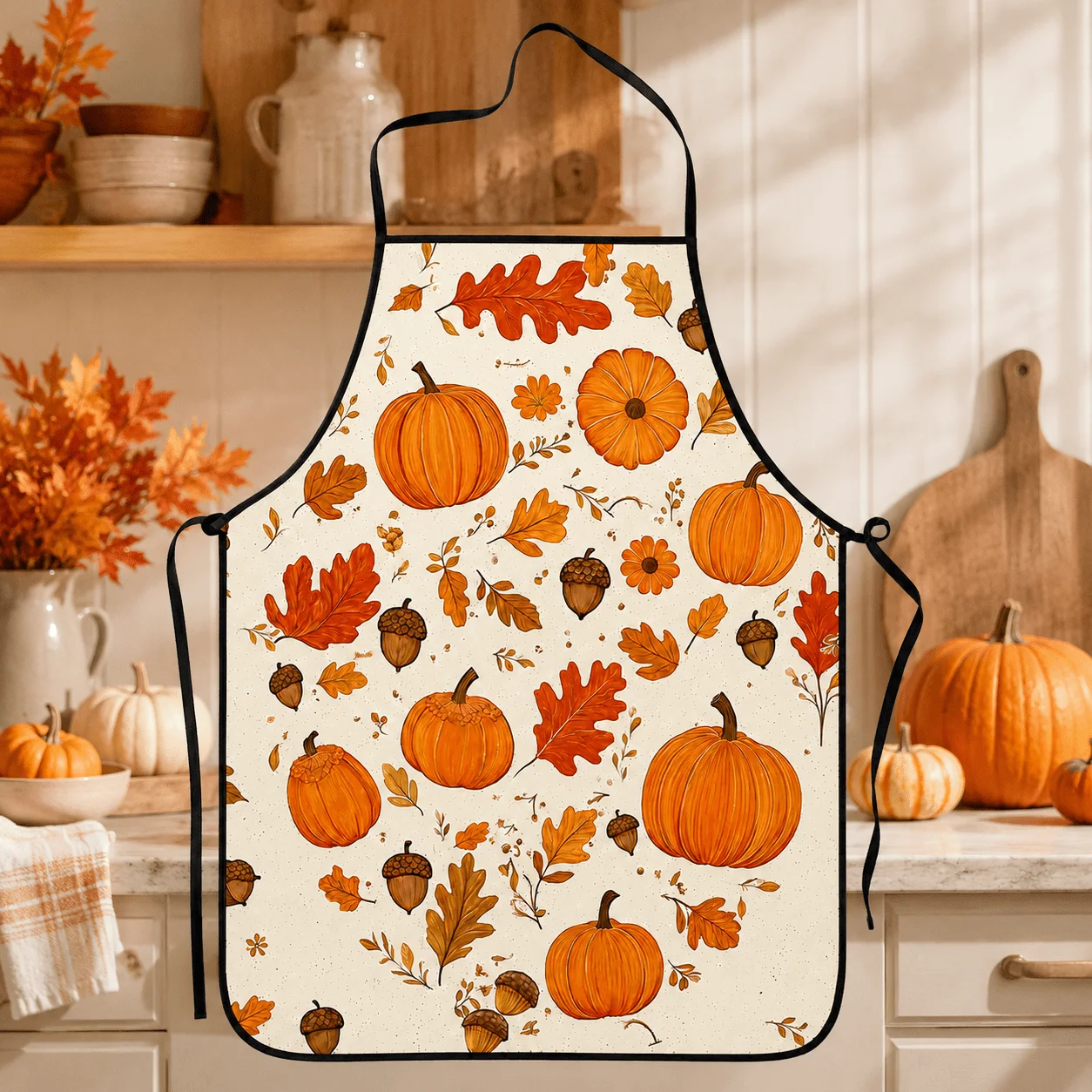 1pc Autumn Pumpkin Nut Maple Leaf Print Apron | Retro Harvest Feel Pumpkin Leaf Pattern Kitchen Apron Unisex Baking Cooking BBQ