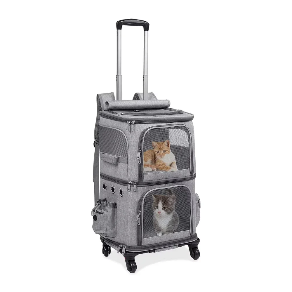 aFashionable Double-Compartment Pet Backpack Carrier Wheels Breathable Leather Mesh Fabric Nylon Metal Print Oxford Zipper for