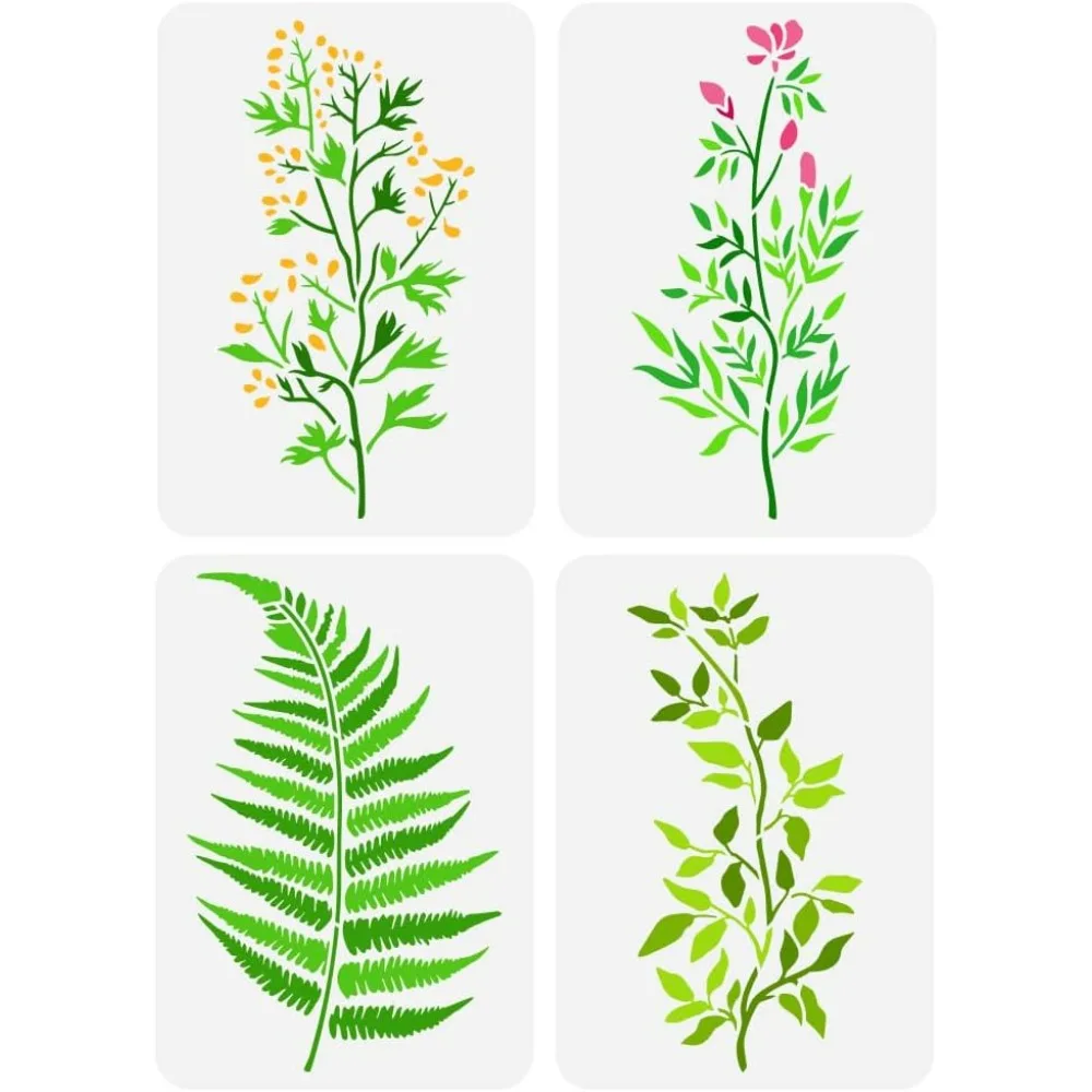 4 Pcs Leaves Flowers Stencil 8.3x11.7 inch Fern Leaf Stencils Plastic Sunny Goldenrod Fern Floral Pattern Stencil Wildflower